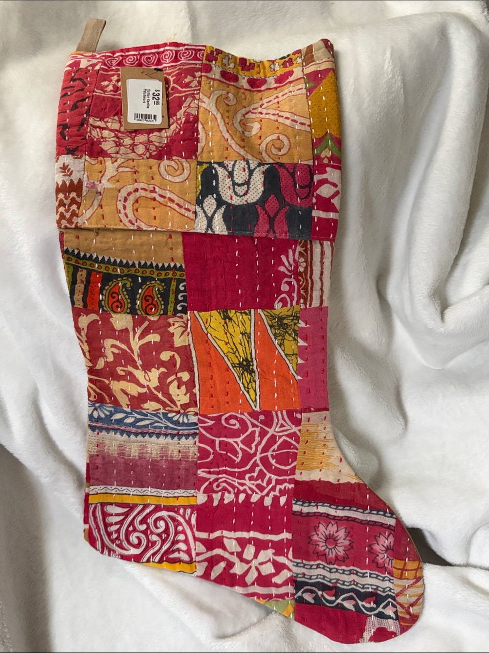 Creative Co-Op Patchwork Holiday Stocking in Red, Pink, Orange, Yellow